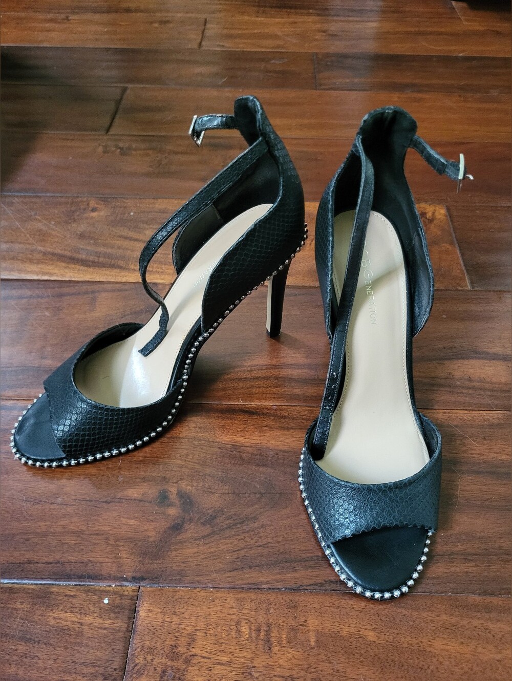 BCBG Black Ankle-Strap Studded Peep-Toe Heels - Women